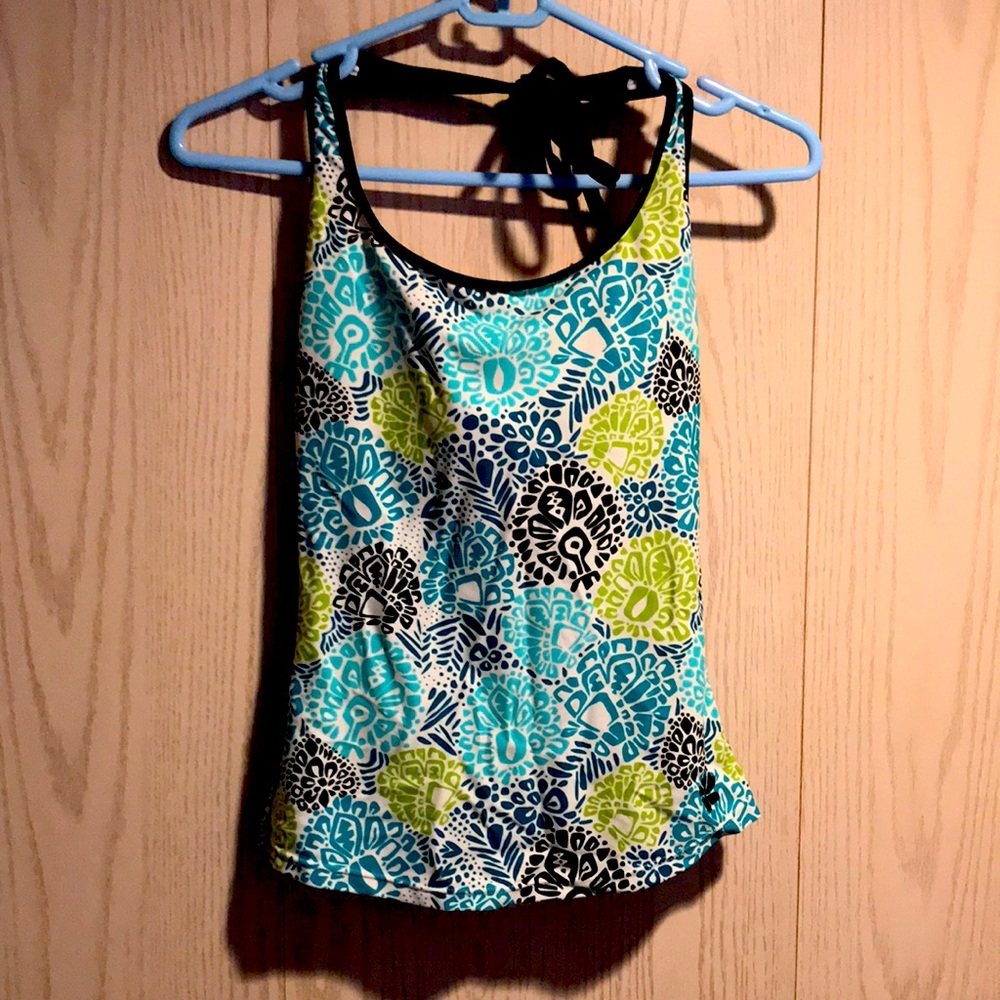 Hapari XS Women’s Aqua Floral Tankini Swim Top Padded Bra Tie Behind Neck